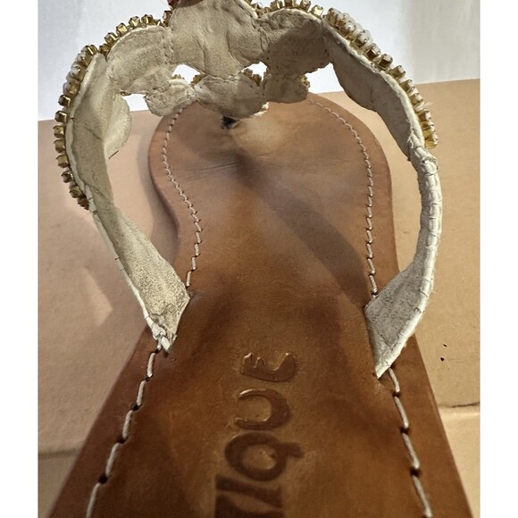 MYSTIQUE White Gold Beaded Pearl Boho Leather Thong Sandals Flip Flop Sz 8 - Picture 8 of 13